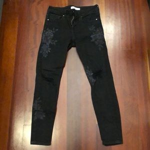 Zara Black Distressed Jeans with Floral Detailing, Size 6